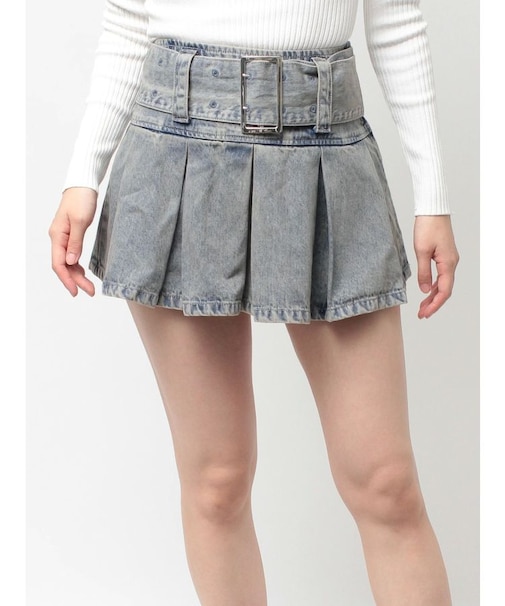 ハイウエストWIDE BELTプリーツデニムスカートライクショートパンツ