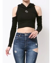 GGフードショルダーオープンデザインショートトップス