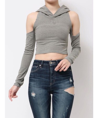 GGフードショルダーオープンデザインショートトップス