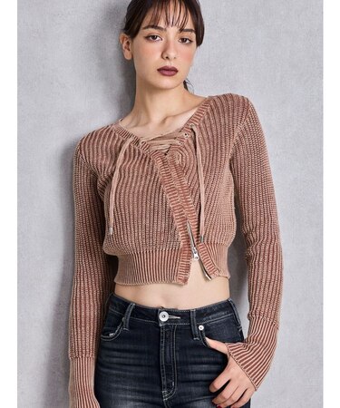 レースアップチョーカーニットトップス