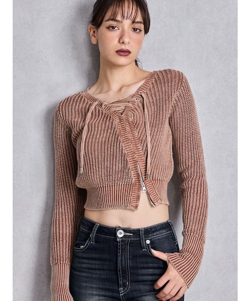 レースアップチョーカーニットトップス