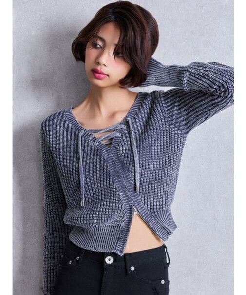 レースアップチョーカーニットトップス