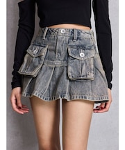 ハイウエストGG POKETプリーツデニムスカートライクショートパンツ