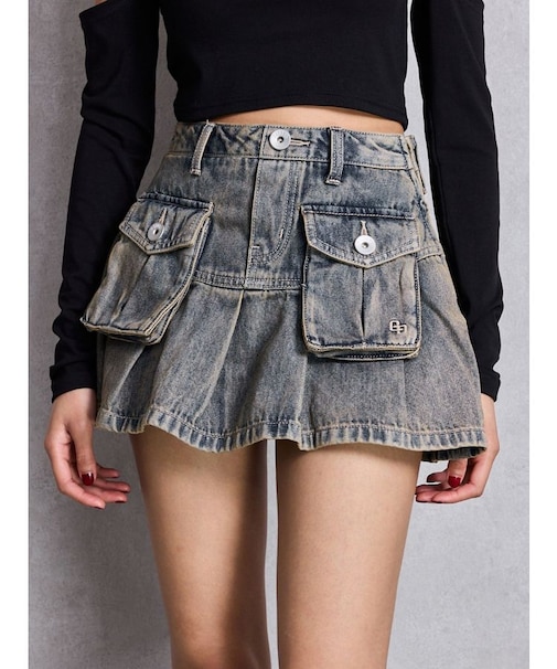 ハイウエストGG POKETプリーツデニムスカートライクショートパンツ