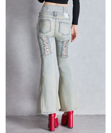 ハイウエストボタンBACKレースアップフレアデニムパンツ