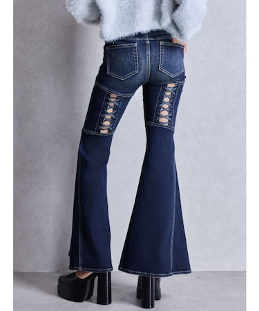 ハイウエストボタンBACKレースアップフレアデニムパンツ