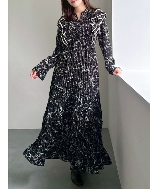 【WEB限定カラーあり】ダブルフリルフラワープリーツワンピース