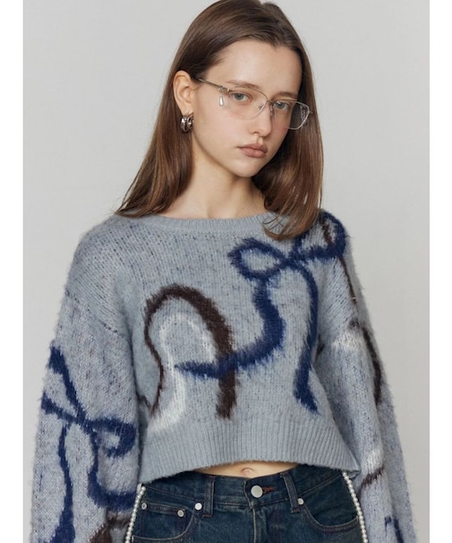 リボンラインショートニット