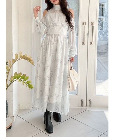 花柄バックレースアップロングスリーブワンピース