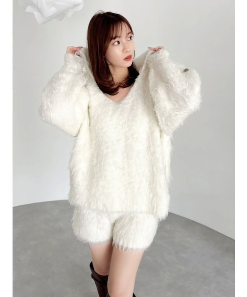 リップルカールニットフーディ