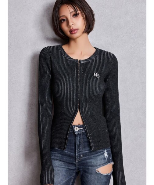 GGプレートオープンフロントニットトップス