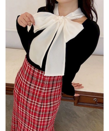 異素材リボンカットアウトニット