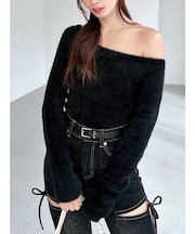 ミニシャギーワンショルニットトップス