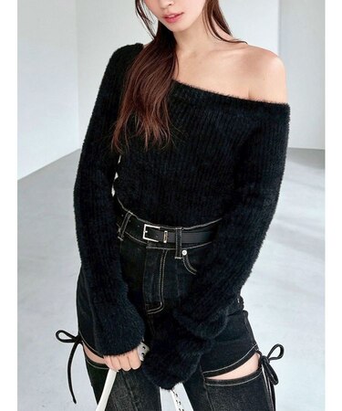 ミニシャギーワンショルニットトップス