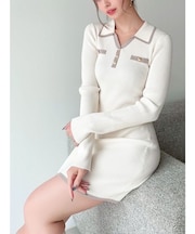 バイカラーニットポロワンピース