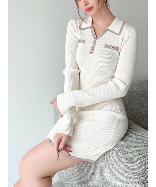 バイカラーニットポロワンピース