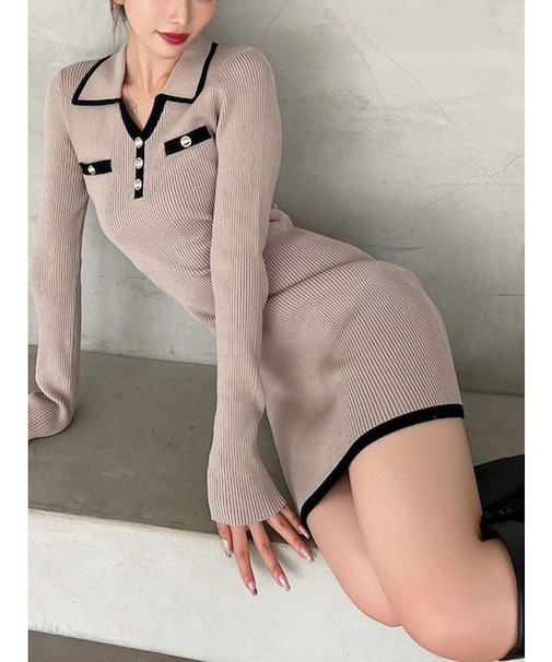 バイカラーニットポロワンピース