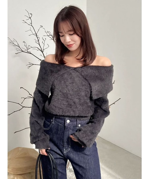 2WAYミニシャギーオフショルニット