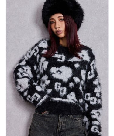 GG Leopardシャギーショートニットトップス