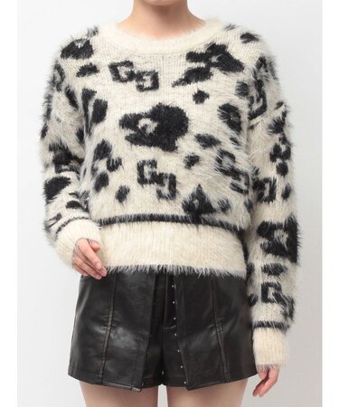 GG Leopardシャギーショートニットトップス