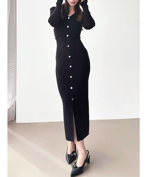 ゴールドボタンタイトニットワンピース