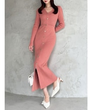 ゴールドボタンタイトニットワンピース