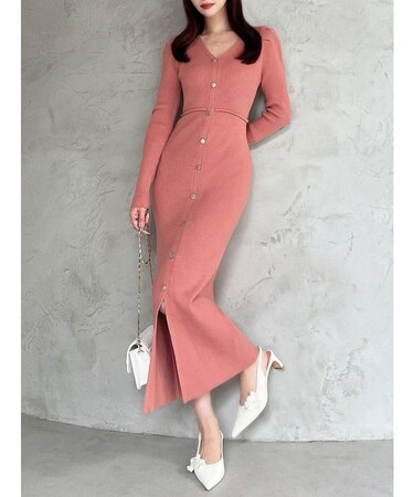 ゴールドボタンタイトニットワンピース