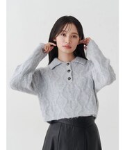 ケーブルポロ衿ニット