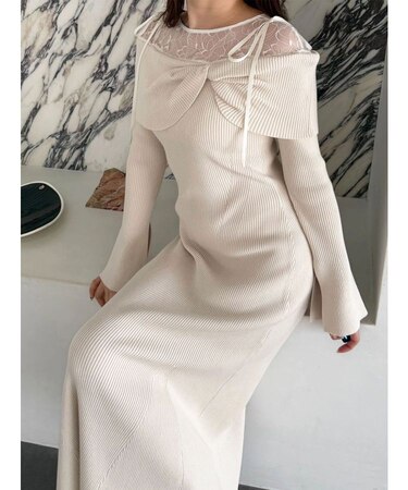 レース切替オフショルニットワンピース