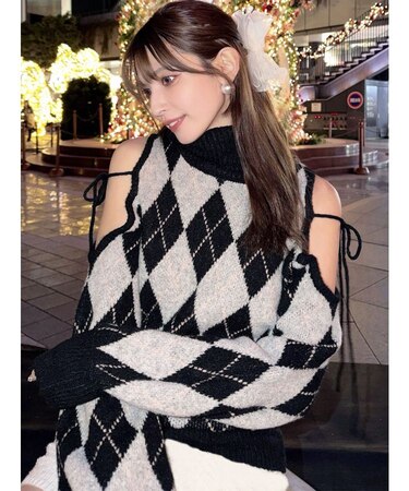 アーガイルタートルニットトップス
