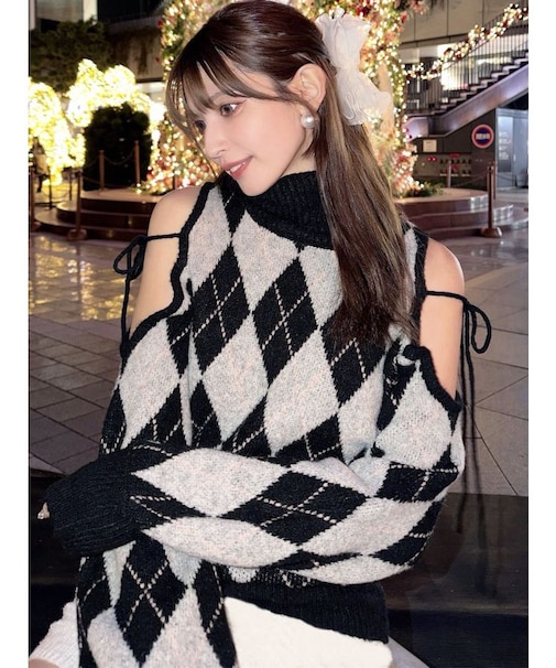 アーガイルタートルニットトップス