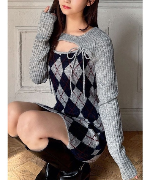 アーガイルタイトニットミニワンピース