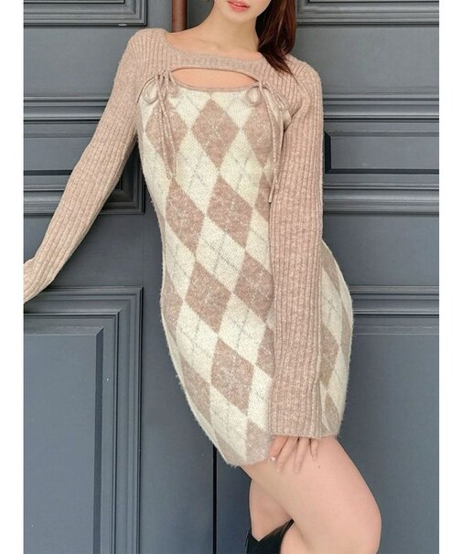 アーガイルタイトニットミニワンピース