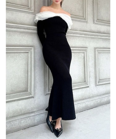 シアーリボンドッキングマーメイドニットワンピース