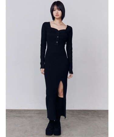 フロントボタンリブニットワンピース