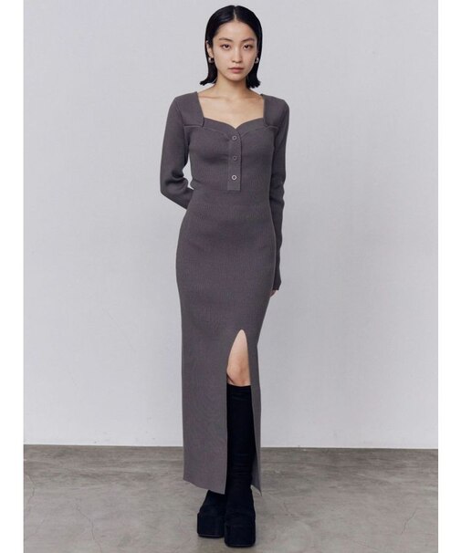 フロントボタンリブニットワンピース