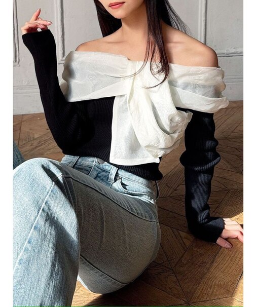 フロントリボンリブニットトップス