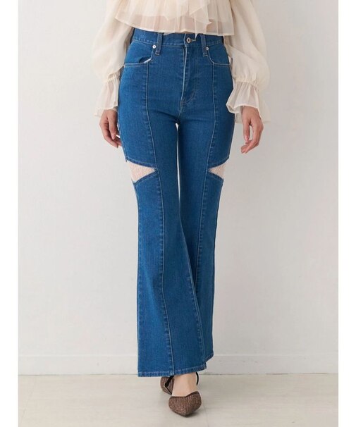 レーストリミングカットアウトデニムパンツ