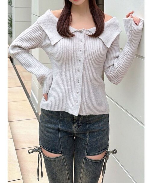 ビッグカラーニットトップス