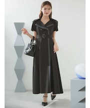 バイカラーハーフスリーブトレンチフレアワンピース