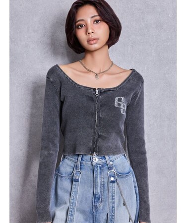 GG bijou ZIPブリーチニットショートトップス