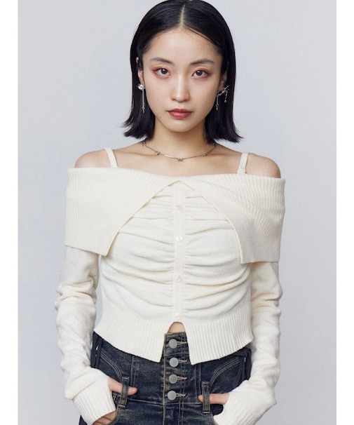 FRONT BUTTON OFF SHOULDER KNIT