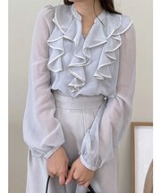 ダブルラッフルバイカラーパイピングブラウス