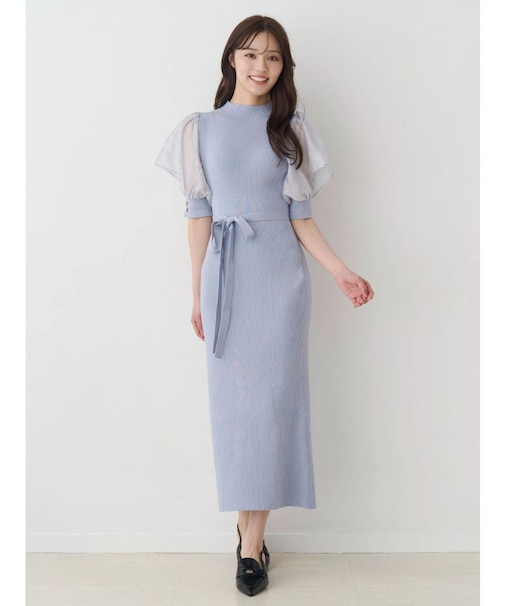 異素材スリーブリブマーメイドワンピース