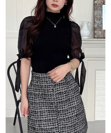 異素材リボンスリーブニット