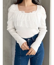 異素材レースフリルニット