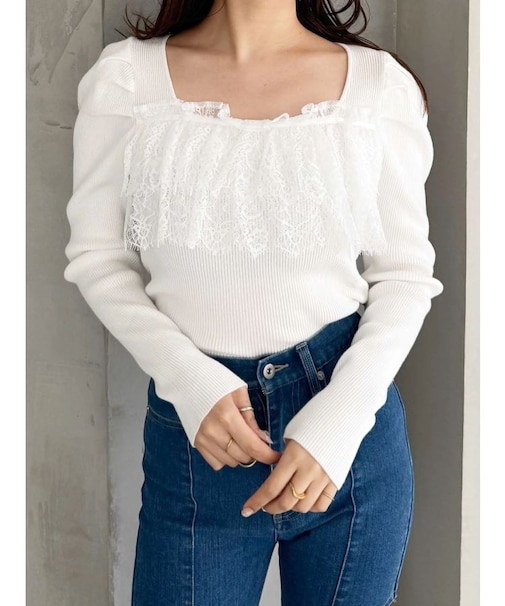 異素材レースフリルニット