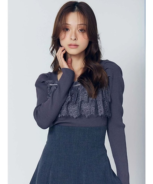 異素材レースフリルニット