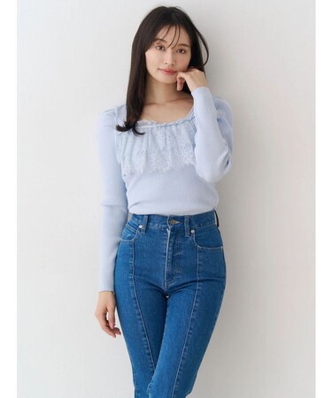 異素材レースフリルニット