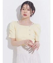 サイドビジューボタンショートパフスリーブニット